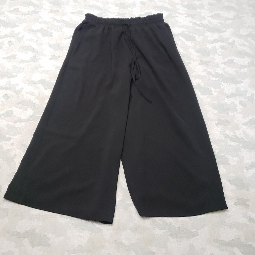 YuYukan Wide Leg Culotte Pants Women Large Black Drawstring High Waisted